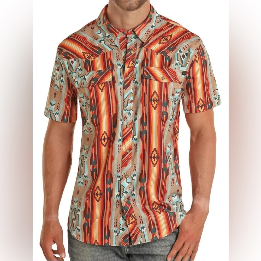 Rock & Roll Denim Men's Tek Western Aztec Print Short Sleeve Snap Shirt